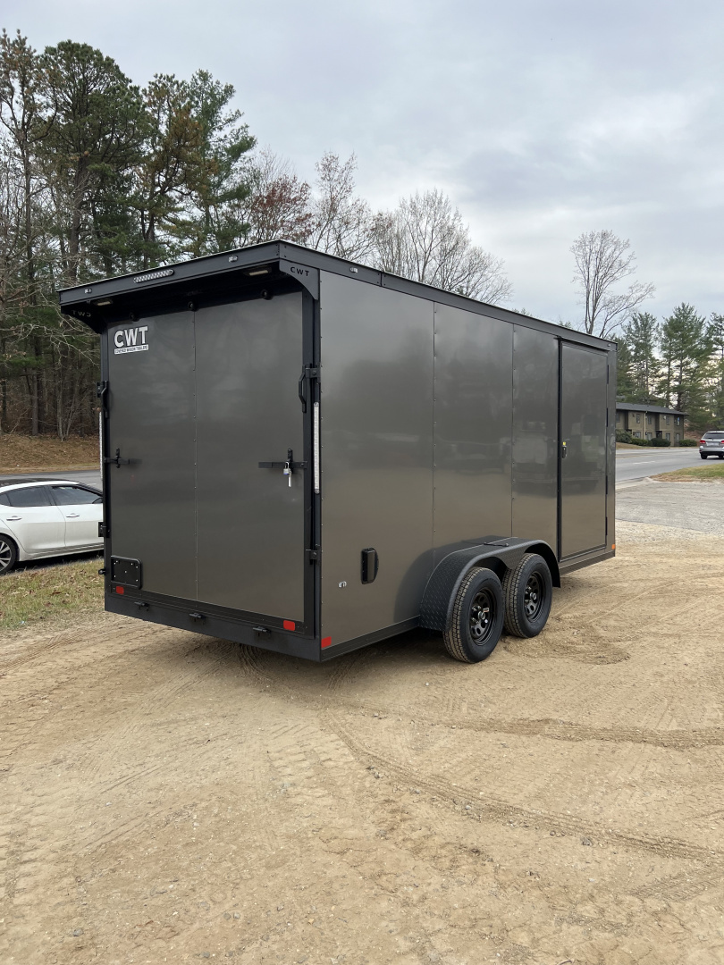 New 2026 Covered Wagon Trailers CW7X16TA2 Cargo / Enclosed Trailer / 7' Wide x 16' Long / 7' Interior Height / Ramp Rear Door , 48" Side door / 3500# Electric Brake Axles / .080 Poly Core Charcoal Gray with Black Out Package / Spoiler with load lights
