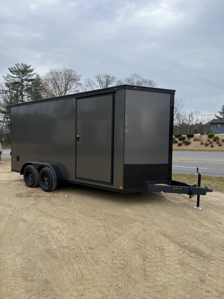 New 2026 Covered Wagon Trailers CW7X16TA2 Cargo / Enclosed Trailer / 7' Wide x 16' Long / 7' Interior Height / Ramp Rear Door , 48  Side door / 3500# Electric Brake Axles / .080 Poly Core Charcoal Gray with Black Out Package / Spoiler with load lights