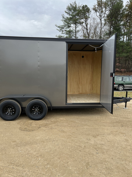 New 2026 Covered Wagon Trailers CW7X16TA2 Cargo / Enclosed Trailer / 7' Wide x 16' Long / 7' Interior Height / Ramp Rear Door , 48" Side door / 3500# Electric Brake Axles / .080 Poly Core Charcoal Gray with Black Out Package / Spoiler with load lights