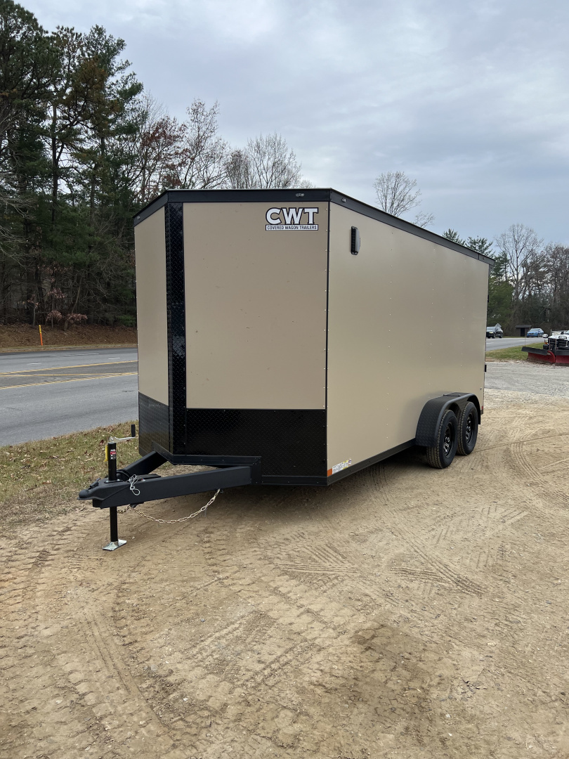 New 2026 Covered Wagon Trailers CW7X16TA2 Cargo / Enclosed Trailer / 7' Wide x 16' Long / 7' Interior Height / Ramp Rear Door , 48" Side door / 3500# Electric Brake Axles / .080 Poly Core Desert Sand with Black Out Package / Spoiler with load lights