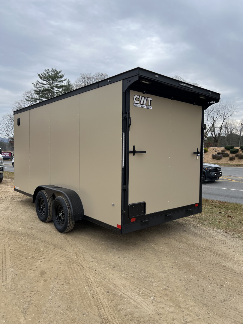 New 2026 Covered Wagon Trailers CW7X16TA2 Cargo / Enclosed Trailer / 7' Wide x 16' Long / 7' Interior Height / Ramp Rear Door , 48" Side door / 3500# Electric Brake Axles / .080 Poly Core Desert Sand with Black Out Package / Spoiler with load lights