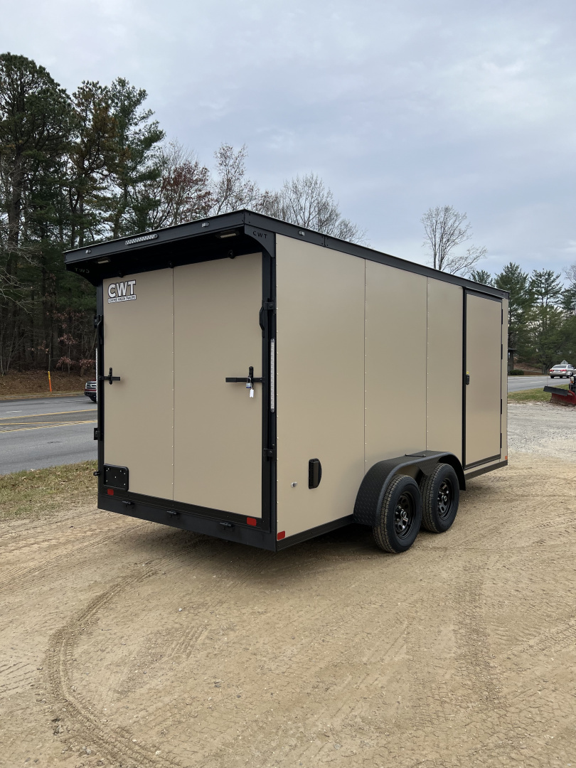 New 2026 Covered Wagon Trailers CW7X16TA2 Cargo / Enclosed Trailer / 7' Wide x 16' Long / 7' Interior Height / Ramp Rear Door , 48" Side door / 3500# Electric Brake Axles / .080 Poly Core Desert Sand with Black Out Package / Spoiler with load lights