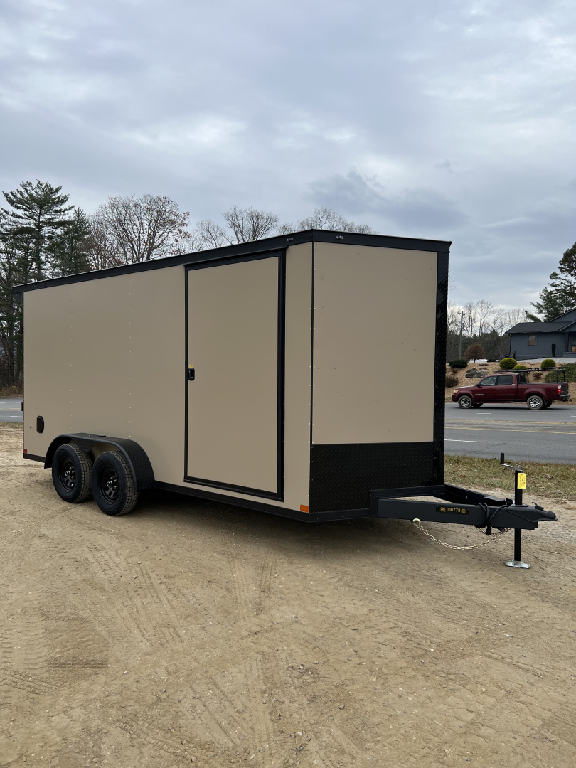 New 2026 Covered Wagon Trailers CW7X16TA2 Cargo / Enclosed Trailer / 7' Wide x 16' Long / 7' Interior Height / Ramp Rear Door , 48" Side door / 3500# Electric Brake Axles / .080 Poly Core Desert Sand with Black Out Package / Spoiler with load lights