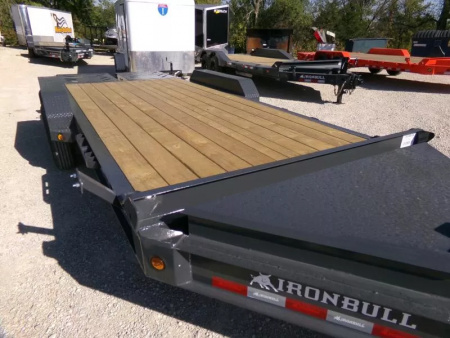 New 2026 Iron Bull 83 x 18 (15+3) EWB Equipment Trailer,14K GVWR, Gray with Rampage Ramps Flatbed Trailer