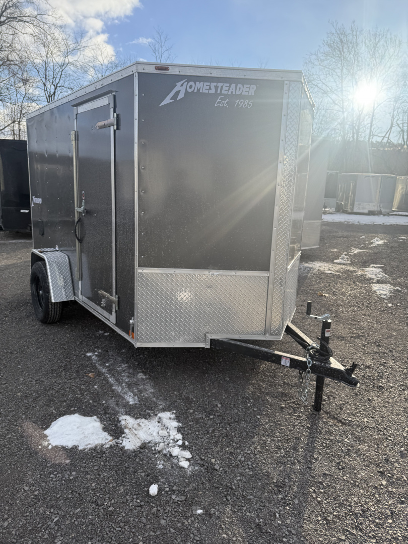 New 2026 Homesteader 6x10 -V-Nose - 6' Int. -Charcoal - RAMP DOOR