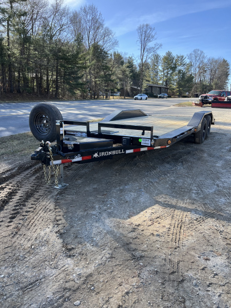 New 2026 Iron Bull ETB0220052 Slide In Ramps Car Hauler / 102  Wide x 20' Long ( 18' Flat, 2' Dovetail ) / Drive Over Fenders / Winch Plate / 2-5200# Electric Brake Axles / Spare Tire and Wheel / Tool Box in Tongue