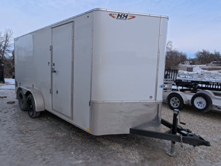 New 2026 H&H 7 x 16 x 6' 6  White, Flat Top V-Nose Enclosed Cargo with 7K GVWR, Barn Doors, and Drop Leg Removeable Jack