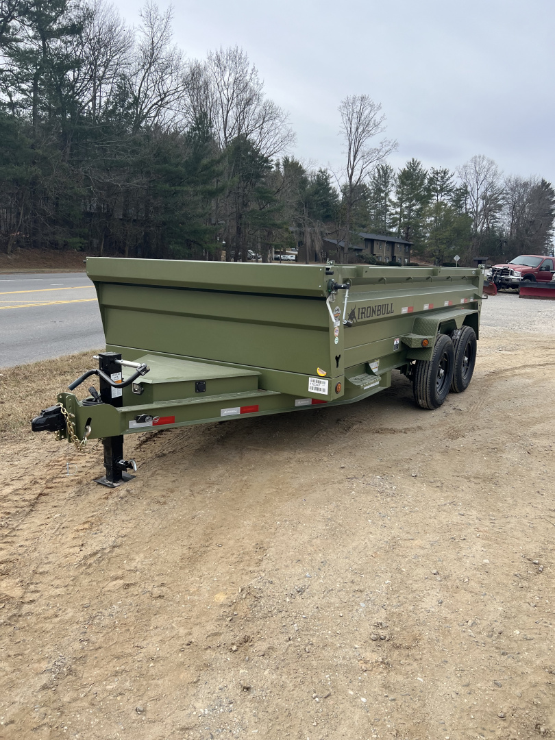 New 2026 Iron Bull Dump Trailer / DTB Series / 83" Wide x 14' Long / Scissor Hoist / Aluminum Ramps / Tarp / 24" High Sides / Military Green