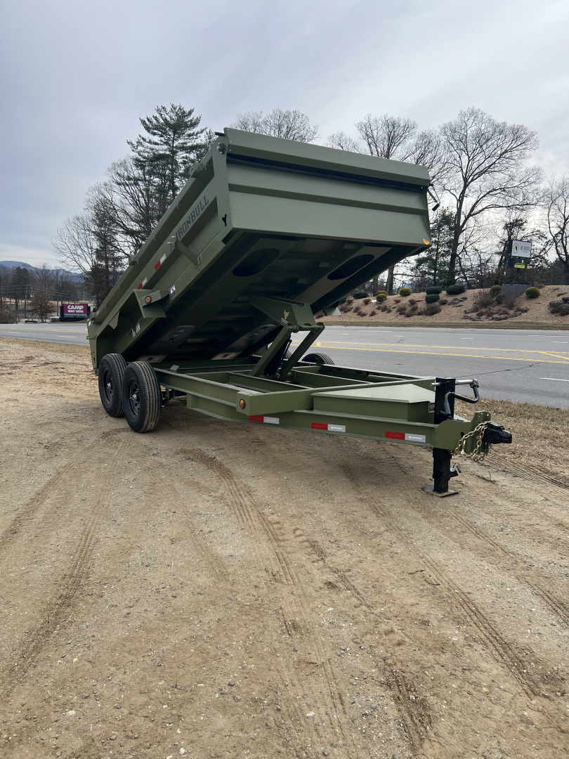 New 2026 Iron Bull Dump Trailer / DTB Series / 83" Wide x 14' Long / Scissor Hoist / Aluminum Ramps / Tarp / 24" High Sides / Military Green