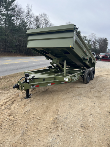 New 2026 Iron Bull Dump Trailer / DTB Series / 83" Wide x 14' Long / Scissor Hoist / Aluminum Ramps / Tarp / 24" High Sides / Military Green