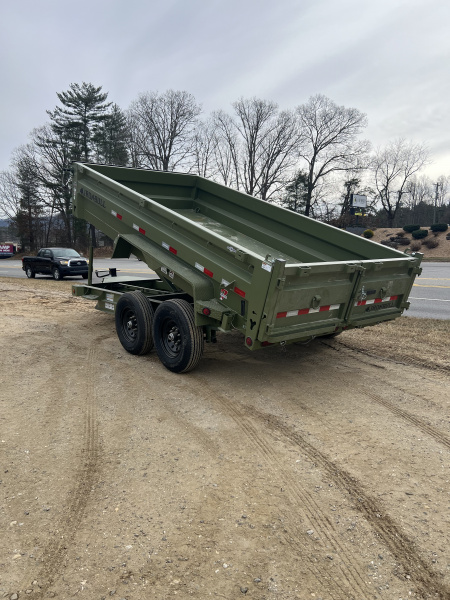 New 2026 Iron Bull Dump Trailer / DTB Series / 83" Wide x 14' Long / Scissor Hoist / Aluminum Ramps / Tarp / 24" High Sides / Military Green
