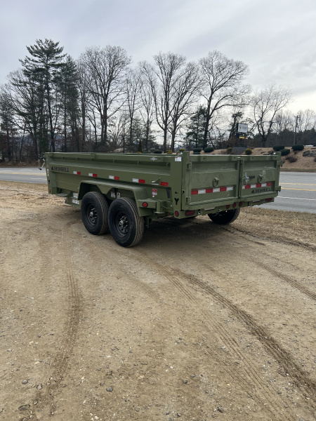 New 2026 Iron Bull Dump Trailer / DTB Series / 83" Wide x 14' Long / Scissor Hoist / Aluminum Ramps / Tarp / 24" High Sides / Military Green