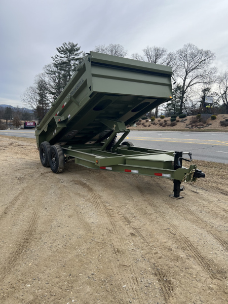 New 2026 Iron Bull Dump Trailer / DTB Series / 83" Wide x 14' Long / Scissor Hoist / Aluminum Ramps / Tarp / 24" High Sides / Military Green