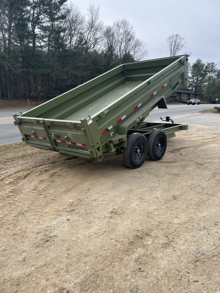 New 2026 Iron Bull Dump Trailer / DTB Series / 83" Wide x 14' Long / Scissor Hoist / Aluminum Ramps / Tarp / 24" High Sides / Military Green