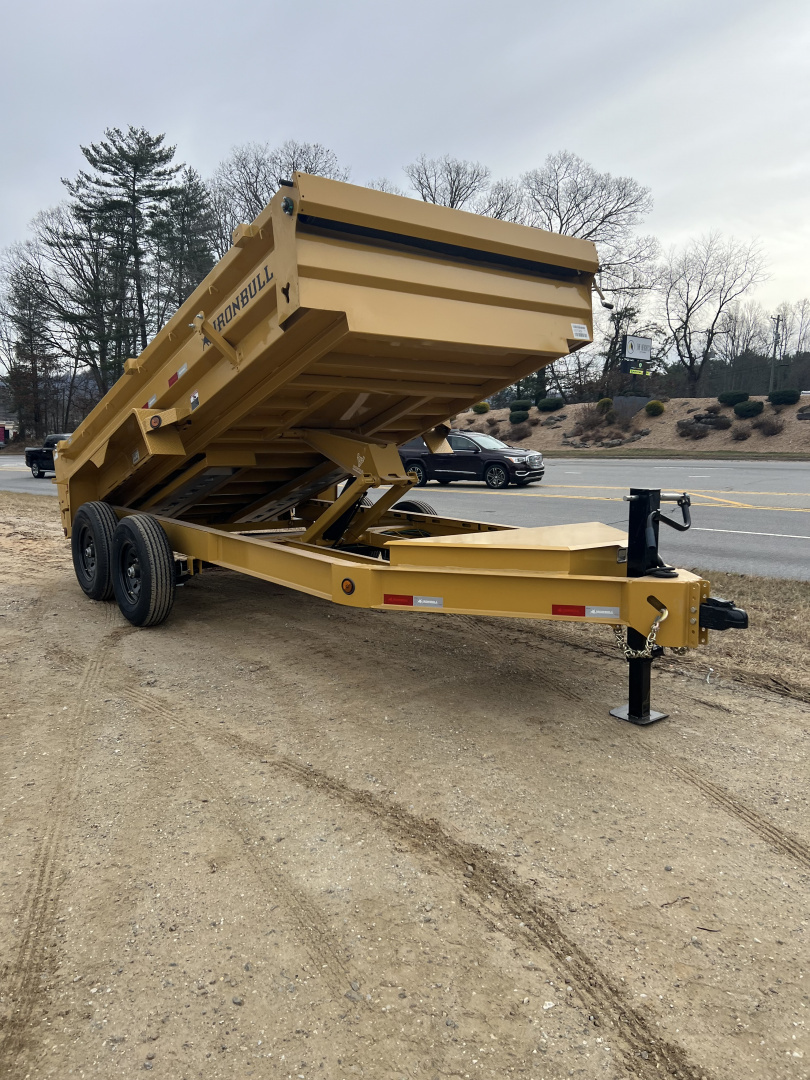 New 2026 Iron Bull Dump Trailer / DWB Series / 83" Wide x 14' Long / 2-7,000# Electric Brake Axles / Tarp / Aluminum Ramps / Combo Rear Gate / Yellow Powder Coat