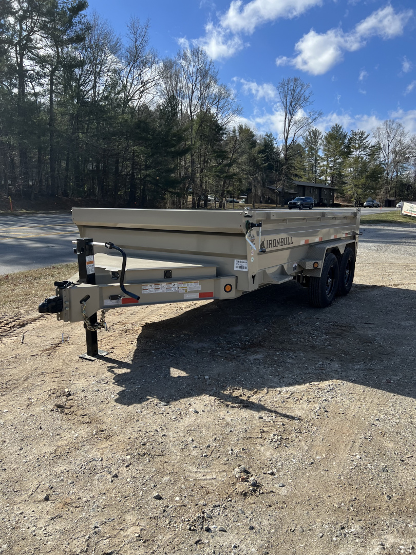New 2026 Iron Bull Dump Trailer / DWB Series / 83" Wide x 14' Long / 2-7,000# Electric Brake Axles / Tarp / Aluminum Ramps / Combo Rear Gate / Desert Tan Powder Coat