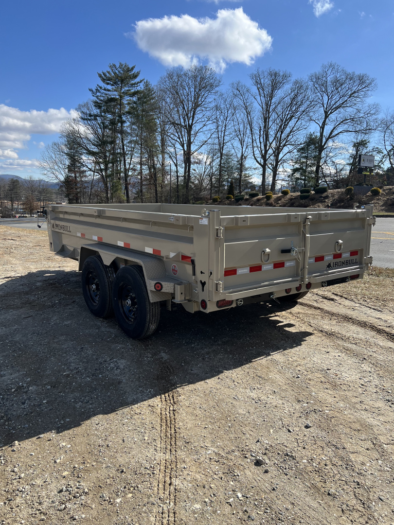 New 2026 Iron Bull Dump Trailer / DWB Series / 83" Wide x 14' Long / 2-7,000# Electric Brake Axles / Tarp / Aluminum Ramps / Combo Rear Gate / Desert Tan Powder Coat