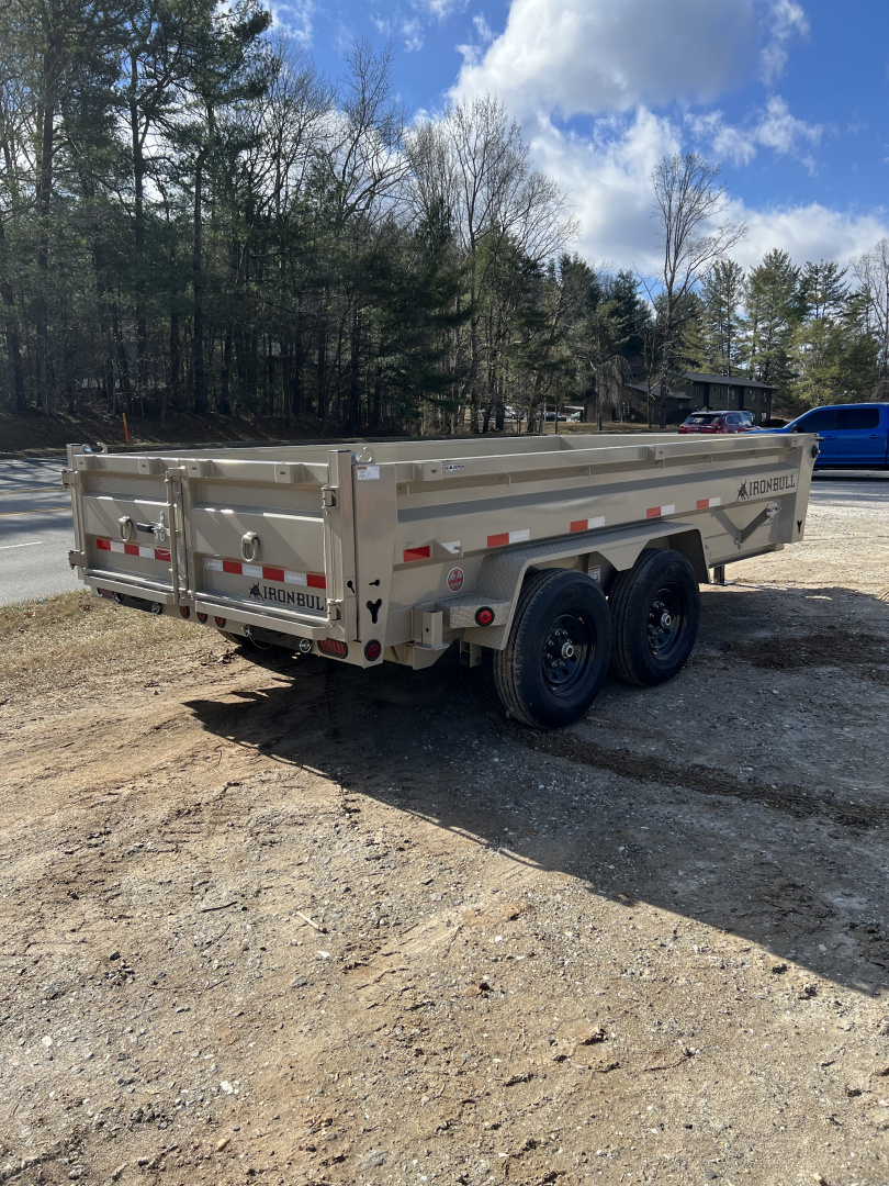New 2026 Iron Bull Dump Trailer / DWB Series / 83" Wide x 14' Long / 2-7,000# Electric Brake Axles / Tarp / Aluminum Ramps / Combo Rear Gate / Desert Tan Powder Coat