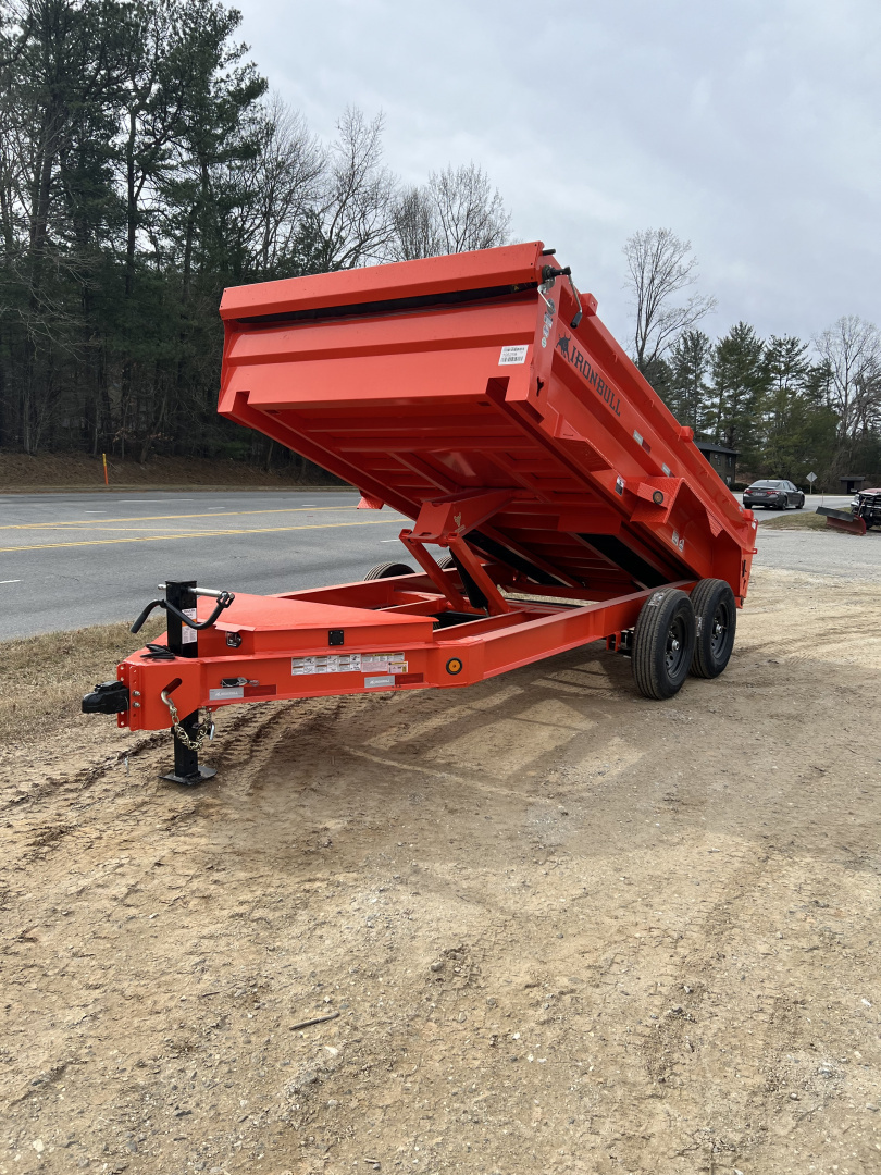 New 2026 Iron Bull Dump Trailer / DWB Series / 83" Wide x 14' Long / 2-7,000# Electric Brake Axles / Tarp / Ramps / Combo Rear Gate / Orange Powder Coat