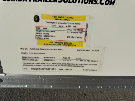 New 2026 Rock Solid Cargo 7x14 Rear Ramp Door 7K Cargo / Enclosed Trailer