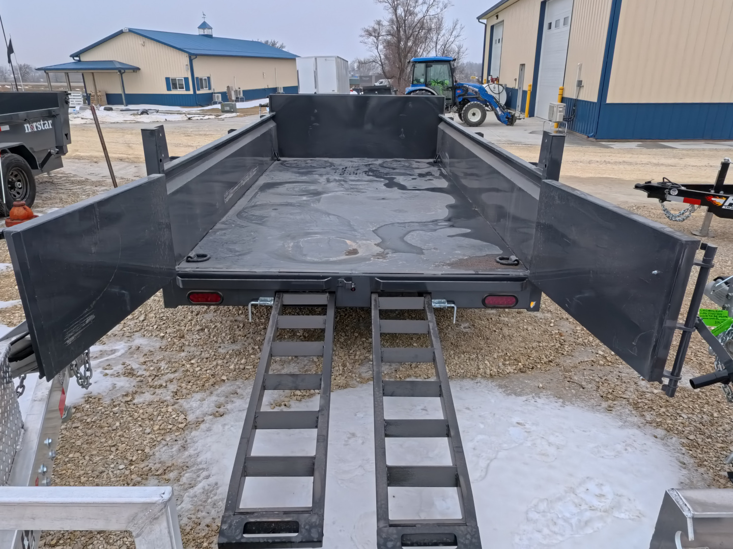 New 2026 Norstar 72x12 DCB Dump Trailer, 9,900lb GVWR, Scissor Lift, Slide-In Ramps, and Tarp Kit