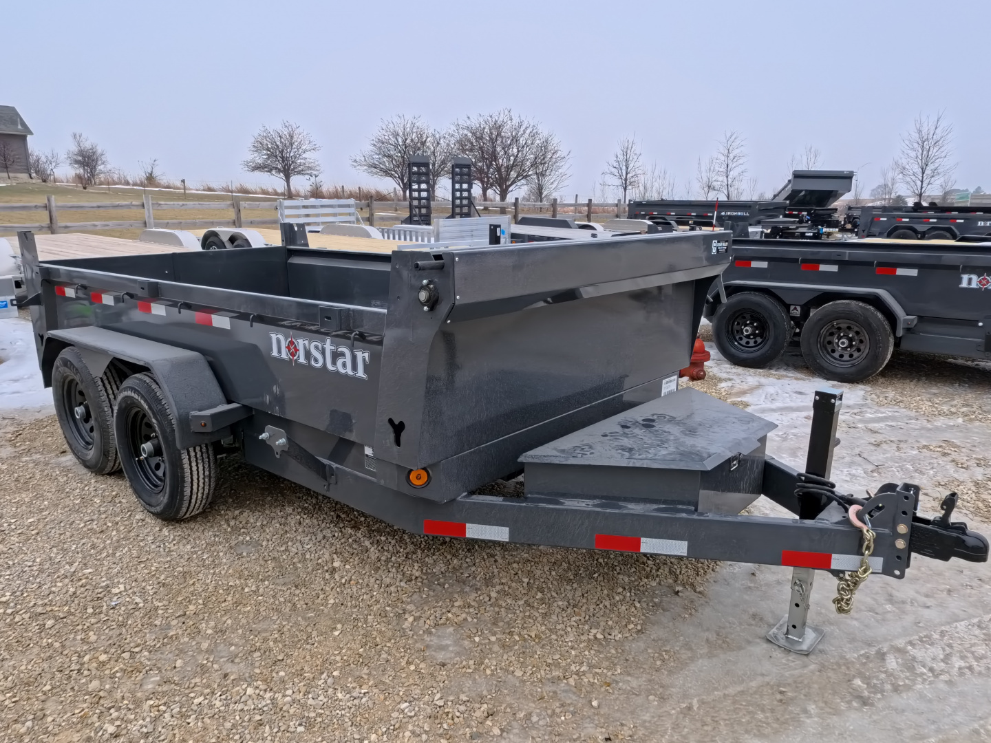 New 2026 Norstar 72x12 DCB Dump Trailer, 9,900lb GVWR, Scissor Lift, Slide-In Ramps, and Tarp Kit