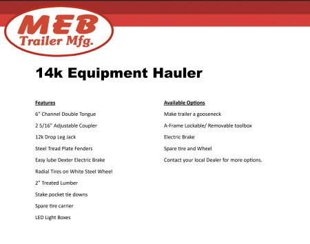 New 2026 MEB 82"x22ft Equipment Trailer 14k GVWR