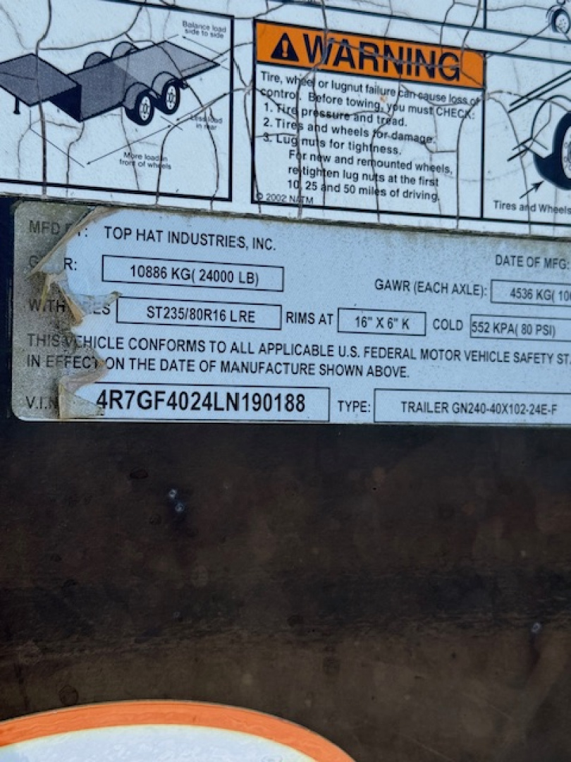 Used 2020 Top Hat Trailers GN240-40X102-24E-F Deckover Trailer