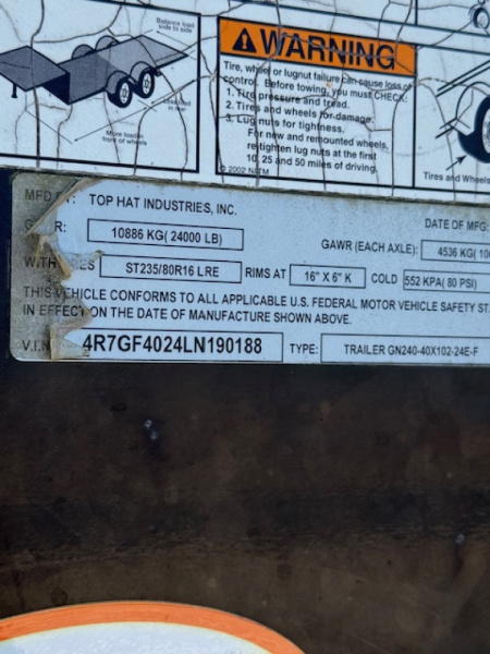 Used 2020 Top Hat Trailers GN240-40X102-24E-F Deckover Trailer