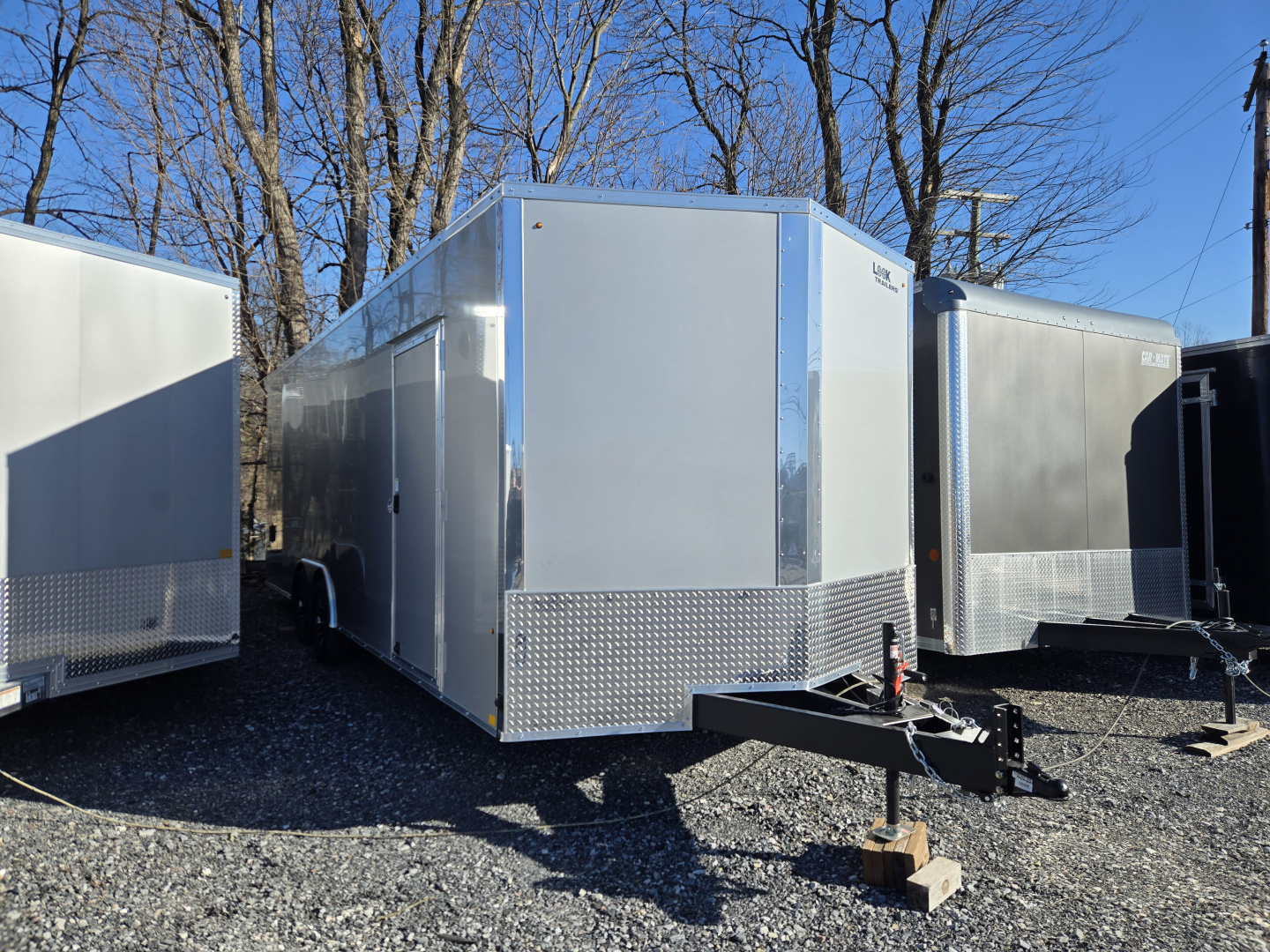 New 8.5 x 24 Look ST DLX V-Nose Enclosed Car Trailer, 10k GVWR ***Silver Composite Panels, 16" OC Walls, 12" Ext. Tongue, Black Alum Wheels, Rear Flare w/Lights