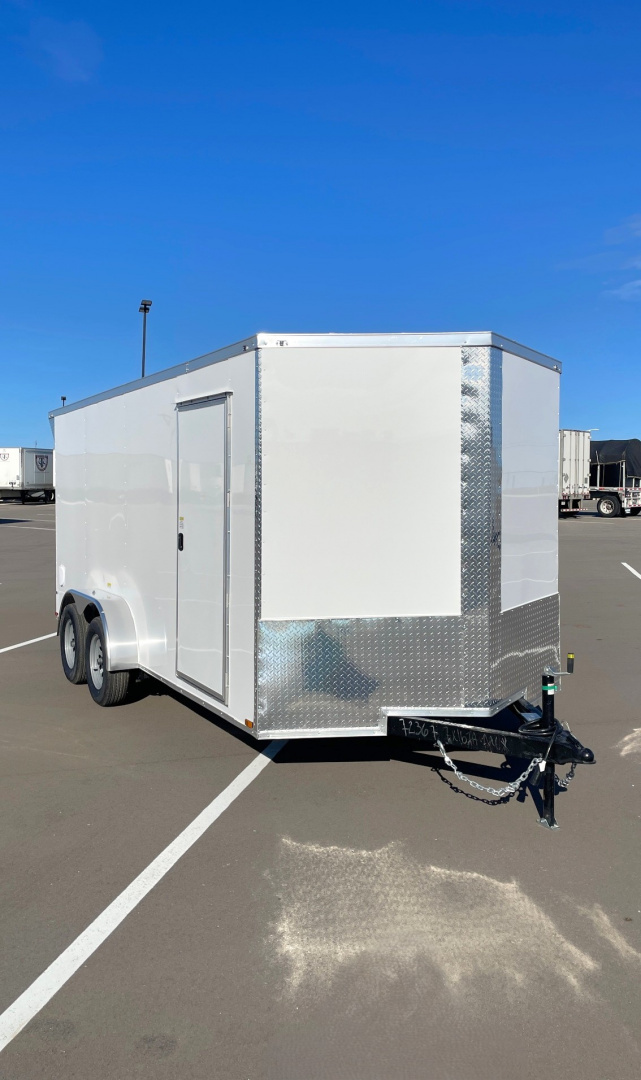 New 7x16 White Enclosed Cargo Trailer 6'6" Tall, 7,000 GVWR, Ramp Door, .080 Skin, Rear Light Spoiler