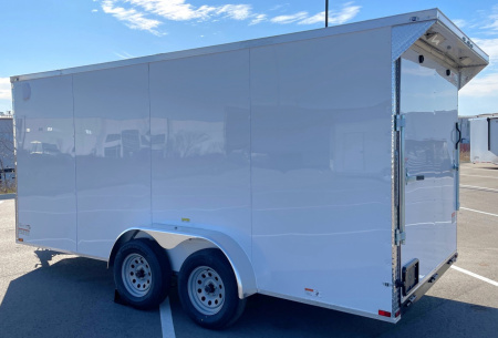New 7x16 White Enclosed Cargo Trailer 6'6" Tall, 7,000 GVWR, Ramp Door, .080 Skin, Rear Light Spoiler