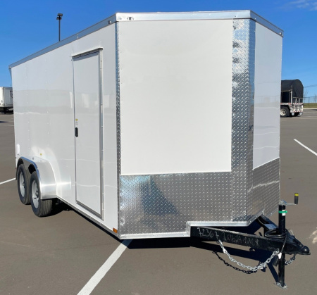 New 7x16 White Enclosed Cargo Trailer 6'6" Tall, 7,000 GVWR, Ramp Door, .080 Skin, Rear Light Spoiler
