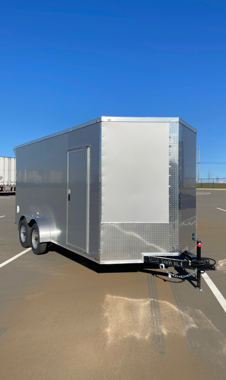 New 7x16 Silver Enclosed Cargo Trailer 7,000 GVWR: 7'Height, Ramp Door, Rear Light Spoiler, .080 Polycore