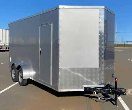 New 7x16 Silver Enclosed Cargo Trailer 7,000 GVWR: 7'Height, Ramp Door, Rear Light Spoiler, .080 Polycore