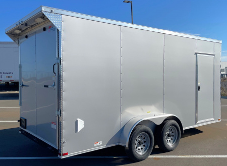 New 7x16 Silver Enclosed Cargo Trailer 7,000 GVWR: 7'Height, Ramp Door, Rear Light Spoiler, .080 Polycore