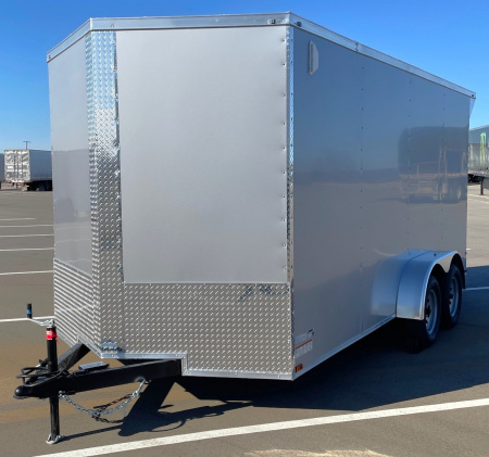 New 7x16 Silver Enclosed Cargo Trailer 7,000 GVWR: 7'Height, Ramp Door, Rear Light Spoiler, .080 Polycore