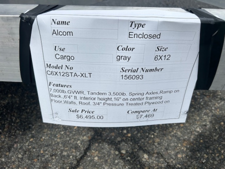 New ALCOM Brand, ALUMINUM FRAME 6X12 Enclosed, Tandem Axle!  Lightweight ! XLT Model. ID# 156093