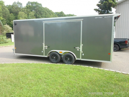 New ALCOM STEALTH CAR TRAILER, 8.5X20 V nose, with options. Finished Interior, Cabinets, 9,990 lb. GVWR, our ID#150954 Sale $22,500