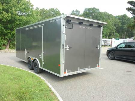 New ALCOM STEALTH CAR TRAILER, 8.5X20 V nose, with options. Finished Interior, Cabinets, 9,990 lb. GVWR, our ID#150954 Sale $22,500