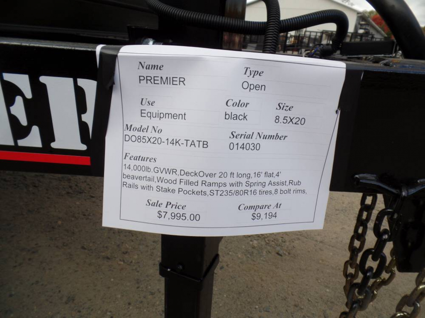 New Deck Over Equipment Trailer, 8.5X20 , 14,000 lb. GVWR , ID # PREMIER BRAND