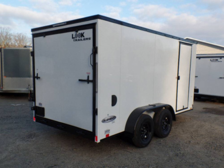 New EXAMPLE, Enclosed Trailer 7X14 X6.5 White with Black Out Package black trim and rims