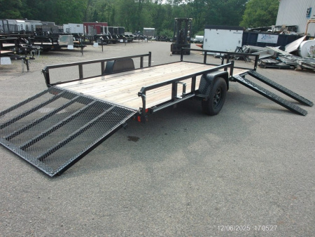 New EXAMPLE / TWO PLACE ATV / QUAD TRAILER, SIDE LOAD RAMPS, 81 wide by 14 ft. long deck. Single Axle, empty weight 1,450 lbs. ID#537100