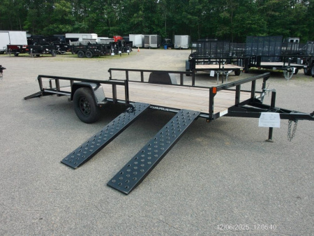 New EXAMPLE / TWO PLACE ATV / QUAD TRAILER, SIDE LOAD RAMPS, 81 wide by 14 ft. long deck. Single Axle, empty weight 1,450 lbs. ID#537100