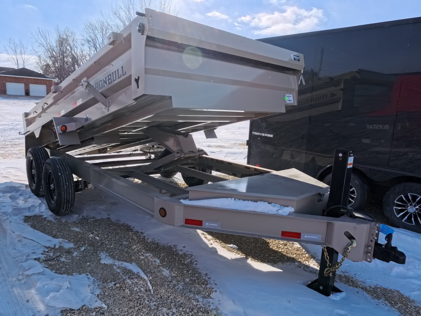 New 2026 Iron Bull 83 x 14 DWB Dump Trailer, 14,999lb. GVWR, Hydraulic Jack, Aluminum Ramps, Desert Sand Dump