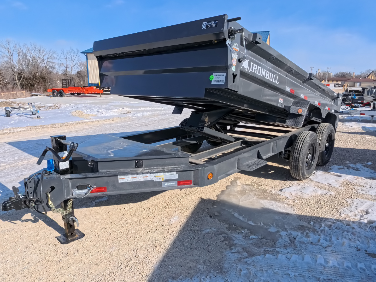 New 2026 Iron Bull 83 x 14 DWB Dump Trailer, 14,999lb. GVWR, Aluminum Ramps, Grey