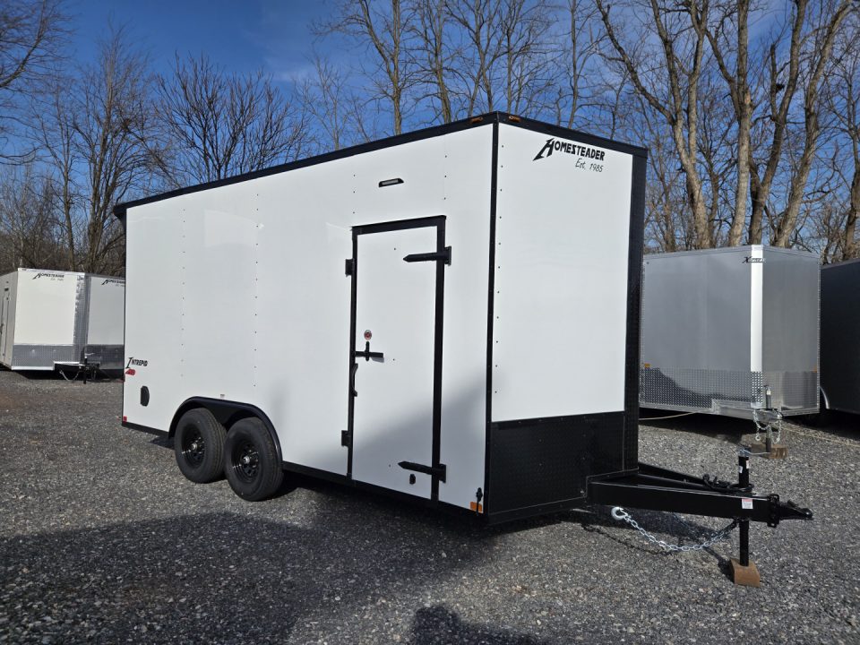 New 8.5 x 16 Homesteader Intrepid HD V-Nose Enclosed Cargo Trailer, 10k GVWR **White w/ Black Out Trim, 6" Extra Height, Ramp Door Package, Rear Spoiler w/ Lights