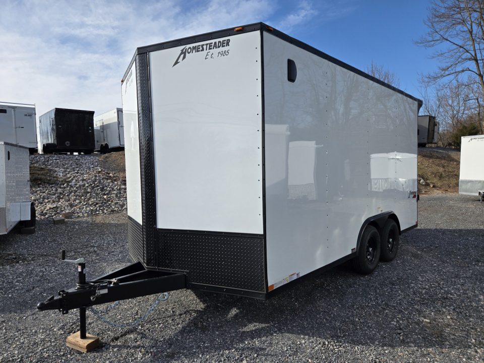 New 8.5 x 16 Homesteader Intrepid HD V-Nose Enclosed Cargo Trailer, 10k GVWR **White w/ Black Out Trim, 6" Extra Height, Ramp Door Package, Rear Spoiler w/ Lights