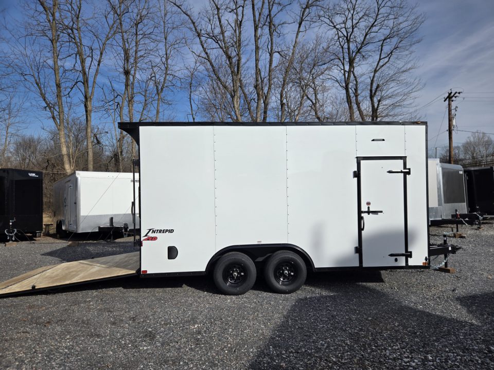 New 8.5 x 16 Homesteader Intrepid HD V-Nose Enclosed Cargo Trailer, 10k GVWR **White w/ Black Out Trim, 6" Extra Height, Ramp Door Package, Rear Spoiler w/ Lights