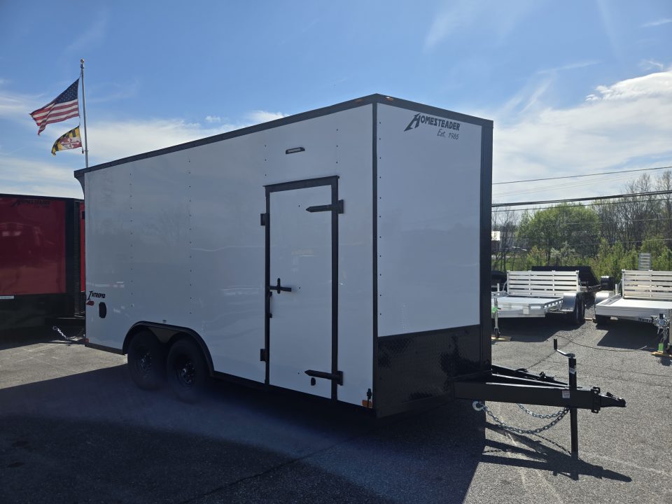 New 8.5 x 16 Homesteader Intrepid HD V-Nose Enclosed Cargo Trailer, 10k GVWR **White w/ Black Out Trim, 6" Extra Height, Ramp Door Package, Rear Spoiler w/ Lights